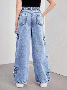 SHEIN Streecool Kids Tween Girls New Y2K Style Pink Patch Star Embroidered Loose Denim Flare Pants, Street Casual Versatile Fashion Piece, Chic Girls Must-Have Summer Holiday