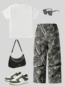Young Girl - Leopard Print Letter Graphic Crew Neck Short Sleeve T-Shirt & Tree Branch Print Cargo Pants Set