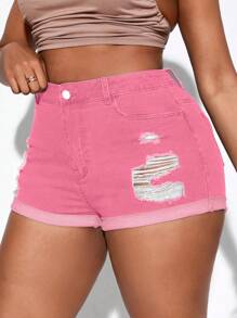 Slaydiva Plus Size Summer Casual Distressed Denim Shorts - Pink - View 1
