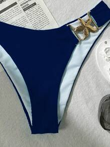 Swim Mod Sexy Vacation Adjustable Strap Starry Accent & Regular Triangle Bottom Women's Spaghetti Strap Bikini Set, Summer - Navy Blue - View 3