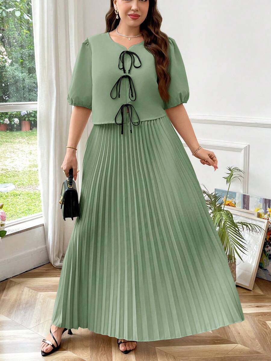 SHEIN Privé Plus Size Women 2 Pieces Set: Black Bowknot Simple Short Sleeve Top & Loose Pleated Midi Skirt, Elegant Office Outfit, New Gray Beige - Green - View 1