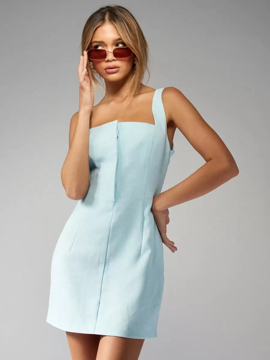 MISSGUIDED Vestido mini de cuello cuadrado sin mangas, vestido de verano de línea A para fiestas, bodas, invitados y damas de honor con tirantes anchos - Azul - Ver 1