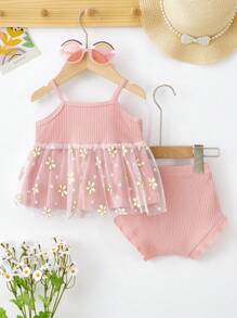 SHEIN 2pcs/Set Baby Girls' Casual Vintage Elegant Lovely Cute Daisy Embroidered Ribbon & Net Tulle Outfit, Suitable For Outdoor In Spring/Summer - Pink - View 2