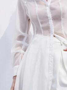 Aveloria Modichic Áo sơ mi vải trong suốt thanh lịch, gợi cảm, thời trang có cổ chữ V, tay bồng, tay dài, cạp chun, thiết kế xếp ly, váy maxi chữ A cho nữ - trắng - Xem 2