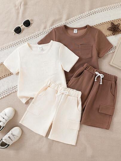 SHEIN Vintaside Kids 2PCS Boy Solid Color Waffle Design Pocket T-Shirt And Shorts Set, Casual Versatile, Suitable For Sports, Daily Wear, Spring/Summer, School, Campus, College
