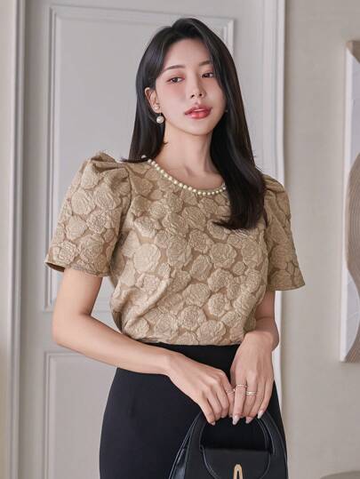 DAZY Women's Textured Round Neck Short Sleeve Studded T-Shirt, Suitable For Office Wear Work Women Clothes