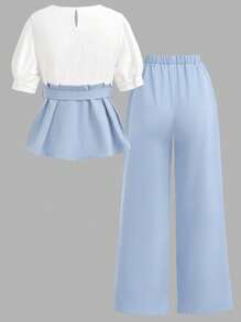 SHEIN Girlism Teen Girls Blue And White Waist Ruffled Short-Sleeved Shirt & Long Casual Wide-Leg Pants, Elegant Commuting Retro Elegant Versatile Suit, Suitable For Daily Wear