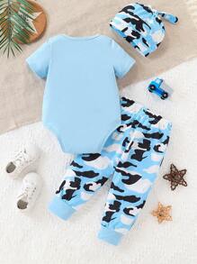 SHEIN Playful Pals Infant Baby Boys' Cute Letter Print Army Green Hat Bodysuit With Long Pants, Spring & Autumn - Multicolor - View 2