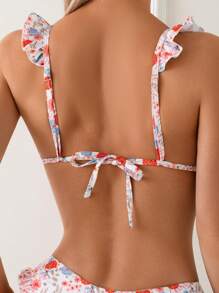 SHEIN 2025 New Women 2 Pieces Bikini Set Set With Random Floral Print, Ruffled Hem & Bow Accent, Sexy Triangle Bikini Top And Bottom, For Beach Resort Vacation In Summer