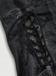 ROMWE Grunge Punk Y2K Western Retro Distressed Fitted Halter Backless Asymmetrical Hem Denim Bodycon Dress For Women - Black - View 4