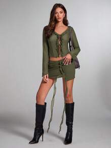 SHEIN BAE 女士酒红色纯色网眼针织拼接荷叶边前系带喇叭袖透视性感上衣 - 軍綠色 - 查看 5