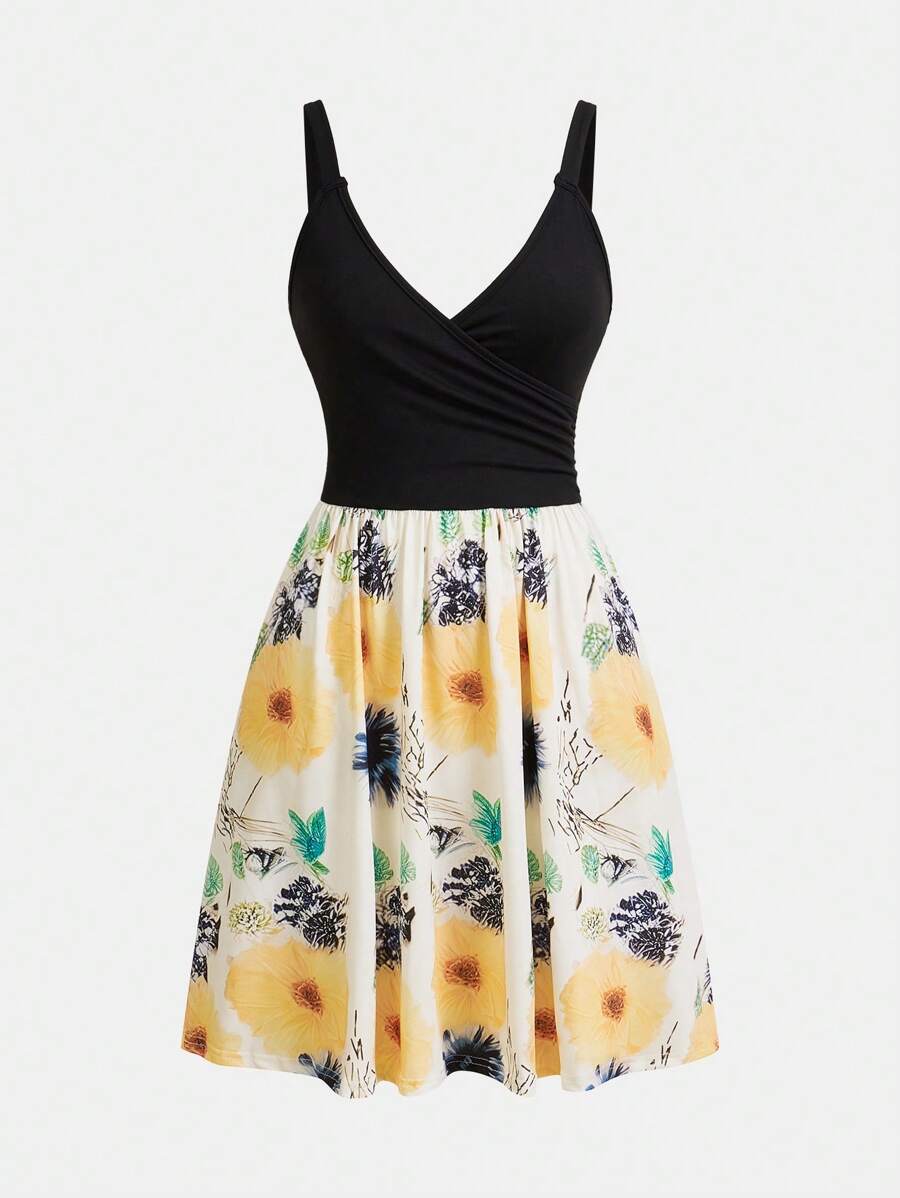 VaVaBold Patchwork Sunflower Printed Dress, Minimalist & Fashionable Design, Suitable For Summer - Black - View 1