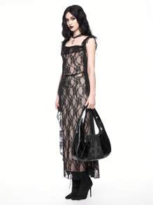 ROMWE Grunge Punk 前卫哥特式鸢尾花水钻刺绣女士优雅深色花卉单肩包，适合万圣节 - 黑色 - 查看 2