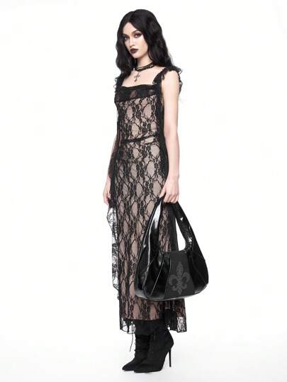 Grunge Punk Edgy Gothic Iris Flower Rhinestone Embroidered Women's Elegant Dark Floral Shoulder Bag For Women, Halloween