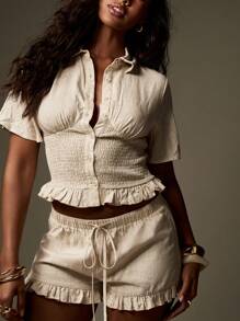 MISSGUIDED Linen Blend Shirred Ruffle Trim Summer Two Piece Set With Smocked Crop Shirt And Drawstring Shorts For Beach Vacation Resort Wear Spring Lounge