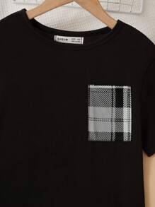 SHEIN Tween 女童家居服黑色短袖口袋上衣和格子长裤 2 件套 - 深灰色 - 查看 3