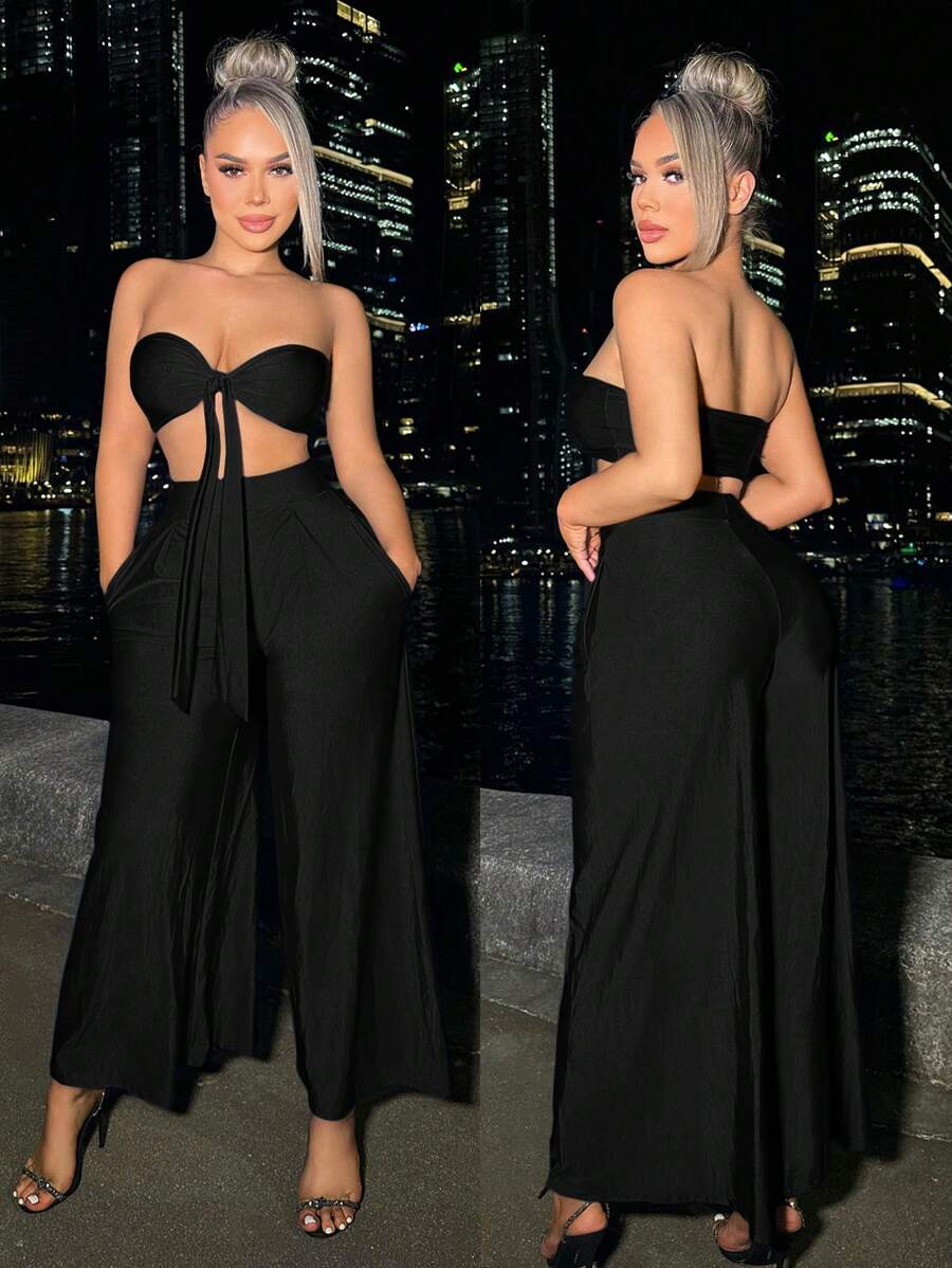 SHEIN SXY Plus Size Women Sexy 2pcs Beach Vacation Tie Front Top And Loose Pocket Side Palazzo Pants Set, Suitable For Everyday Wear,Business,Simple, Commuting,Elegant,Casual,Shopping, Streetwear,Going Out,Simple And Versatile,Easy To Match&Looks Slim,Accent Your Body,Flatter The Figure