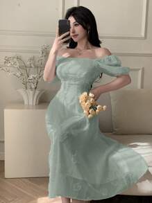 DAZY 女士纹理印花中长款派对连衣裙，春夏舞会礼服/吊带裙/优雅女装 - 綠色 - 查看 4