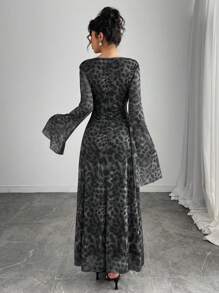 Calvaya Women's Leopard Print Plunge Neck Flare Sleeve Bodycon Dress Maxi Women Outfit