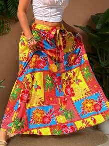Sunnyshic Plus Size Holiday Plants & Floral Pattern Casual Skirt, Fashionable Daily Wear