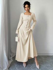 Elenzga Đầm nữ thanh lịch cổ vuông tay dài xếp ly eo, thu đông - Màu be - Xem 5