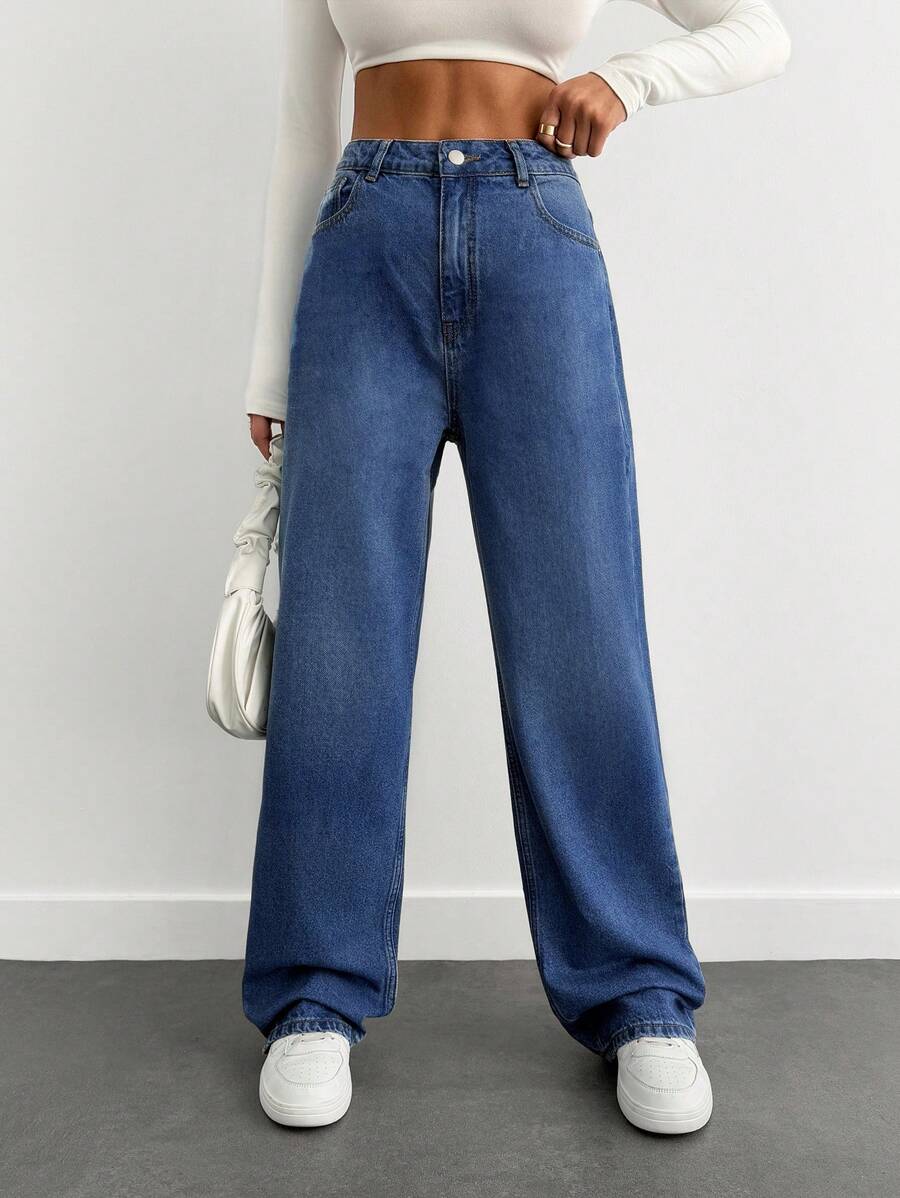 SHEIN Cottnline Slant Pocket High Waist Straight Leg Jeans - Medium Wash - View 1