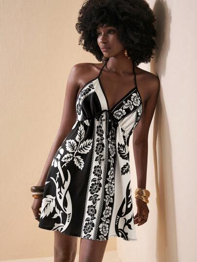 Zivah 20  Summer New Fashion Music Festival, Easter, St. Patrick's Day, Bohemian, Birthday Party, Graduation, Student Wear, Casual Everyday, Vacation, Cruise Travel, Beach Floral Print Loose A-Line Dress With Front Tie Adjustable Strap Waist Cinching Mini Dress, Black & Apricot