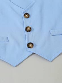 男婴长袖纯色纽扣衬衫、背心和工装短裤套装（带帽子）、休闲装 - 藍色 - 查看 8