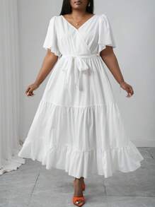 Slaydiva A 字型大码女式中长连衣裙，交叉 V 领，分层荷叶边设计，优雅白色编织休闲连衣裙，适合 2025 年春夏