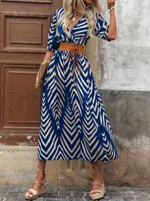 SHEIN Clasi Women's Contrast Color Geometric Print Cinched Waist Ruched Waist Flowy Dress For Commute And Vacation, Bohemian Style - Royal Blue - View 6