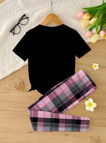 SHEIN Tween Girl Bow Plaid Print Casual Minimalist Short Sleeve Pajama Set, Snug Fit, Spring/Summer, Suitable For Valentine's Day