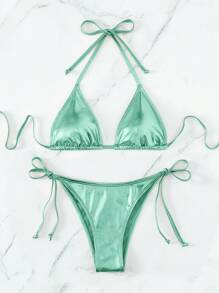 Swim Mod Women's Solid Color Halter Tie Sexy Bikini Two Pieces Swimwear Set, Summer Beach