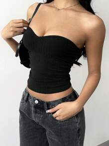 SHEIN BASICS Top tubo ajustado de punto de color liso informal para mujer - Negro - Ver 5