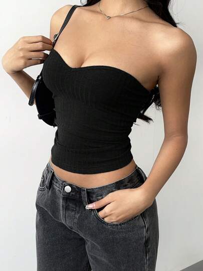 SHEIN BASICS Casual Solid Color Knit Fitted Tube Top For Women,Rave Top,Tube Top/Summer