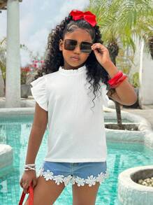 SLAYR KIDS Tween Girl Holidaya Mock Neck Lettuce Trim Ruffle Blouse - White - View 5