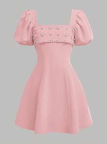 SHEIN Leap Crew Tween Girl 甜美泡泡袖圆领串珠 A 字形连衣裙 - 藕粉色 - 查看 3