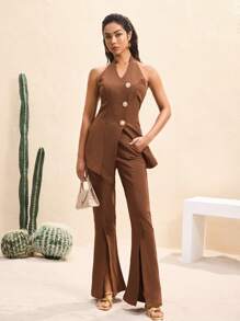 HIBA Dark Brown Solid Color High Waist Gold Button Asymmetric Slit Flared Pants Women's Pants Petite Casual Women Summer Clothes - Brown - View 1
