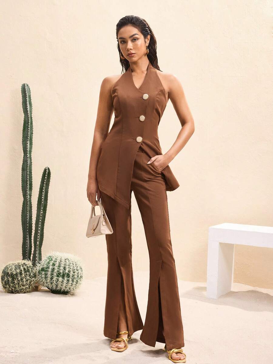 HIBA Dark Brown Solid Color High Waist Gold Button Asymmetric Slit Flared Pants Women's Pants Petite Casual Women Summer Clothes - Brown - View 1