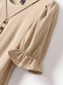 Rusticease Vestido casual de vacaciones de mujer de unicolor con mangas abultadas y bajo con volantes de longitud media