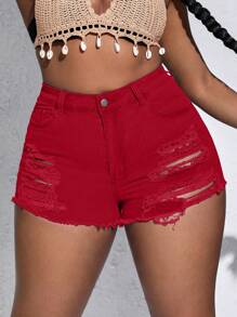 SHEIN SXY 大码女式口袋破洞下摆紧身休闲牛仔短裤 - 紅色 - 查看 4