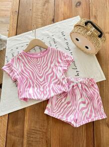 SHEIN LMoss Kids Babygirl Casual Knit Zebra Pattern Color Block Short Sleeve T-Shirt And Elastic Waist Shorts Set, Suitable For Summer