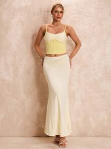 Glamine 2pcs Set Elegant Color Block Spaghetti Strap Fishtail Skirt - Yellow - View 6