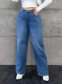 SHEIN Cottnline Plus High Waist Solid Jeans - Light Wash - View 1