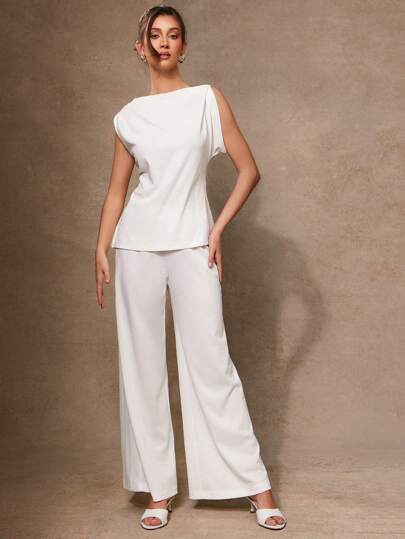 L'Amorae 女式春夏纯色褶皱上衣和裤子两件套服装，适合日常穿着、外出，