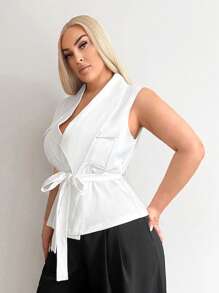 SHEIN SXY Plus Size Vrouwen Sexy Streetwear Gyanu Y2K Revers Kraag Borstzak Decor Mouwloos Strik Taille Vest, Geschikt Voor Dagelijkse Kleding, Zakelijk, Eenvoudig, Woon-werkverkeer, Elegant, Casual, Winkelen, Streetwear, Uitgaan, Gemakkelijk Te Combineren & Ziet Er Slank Uit, Accentueert Uw Lichaam, Flatteert Uw Figuur