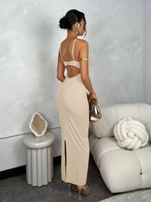 SHEIN BAE Women Solid Color Extra Long Bust Cup Contrast Color Bodycon Mesh Graduation Season Dress,Spring/Summer,Summer Dresses For Women - Apricot - View 2