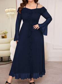 Modelyn Vestido midi elegante de mujer de talla grande con hombros descubiertos, mangas largas, volantes y bajo acampanado de tela de malla - Azul - Ver 4