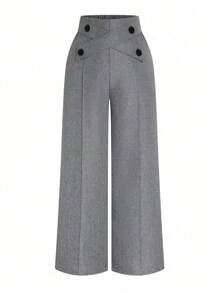 Calvaya Plus Size Women Button Decorated Waist Crossed Front Seam Long Wide Leg Casual Pants Fall Cloth For Women