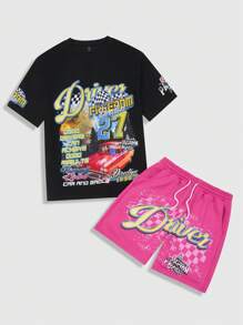 ROMWE MEN Street Life Men's Racing Digital Print Short Sleeve T-Shirt And Shorts Set - Multicolor - View 3
