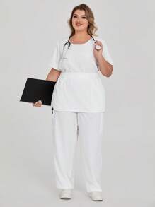 TaskEZ Conjunto de pijama de talla grande - Top de manga corta y cuello redondo de unicolor y pantalón largo
